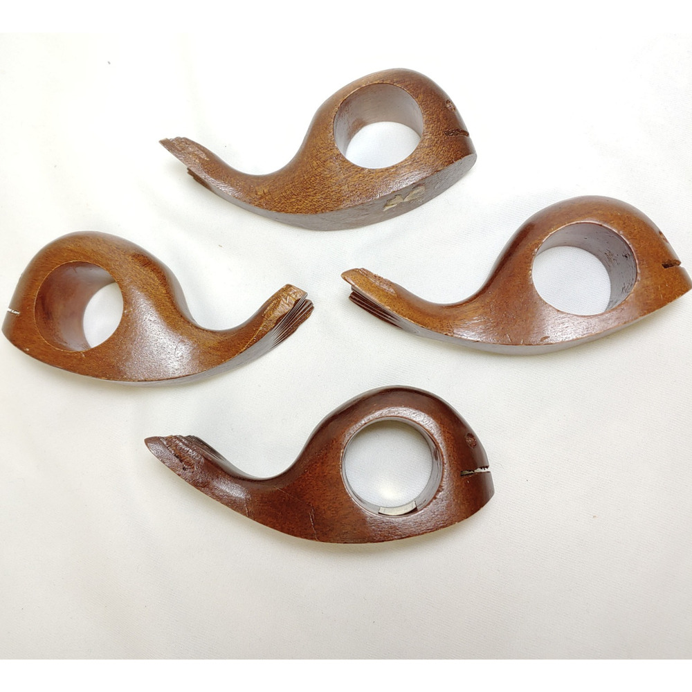 Coastal Table Wood‎ Whale Napkin Rings Holders-4pc-Hand Carved Wood